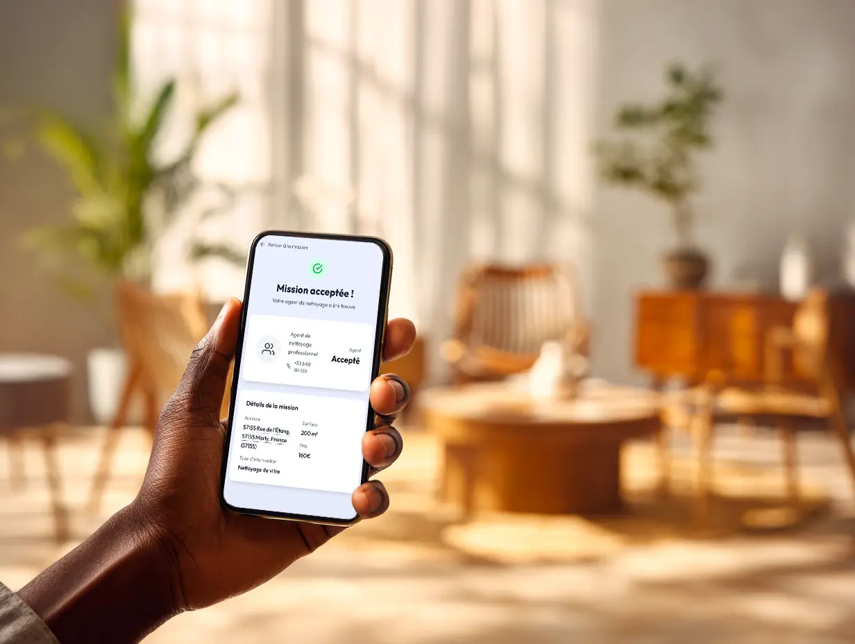 Mission de nettoyage acceptée sur smartphone, dans un intérieur chaleureux et ensoleillé

