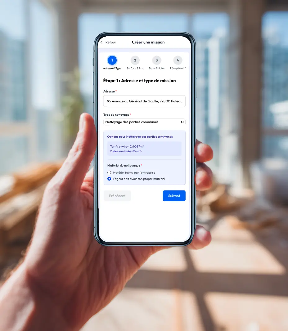 Écran mobile affichant la création d’une mission de nettoyage pour entreprise de BTP
