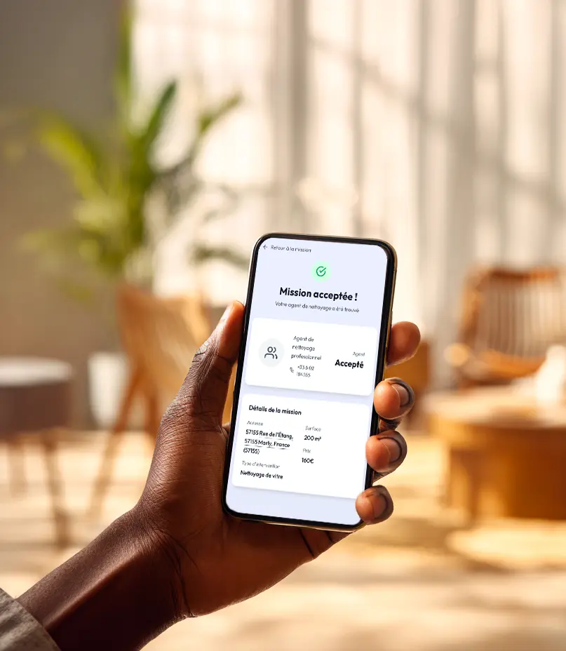 Notification d’une nouvelle mission de nettoyage disponible avec les détails du lieu, de la surface et du tarif
