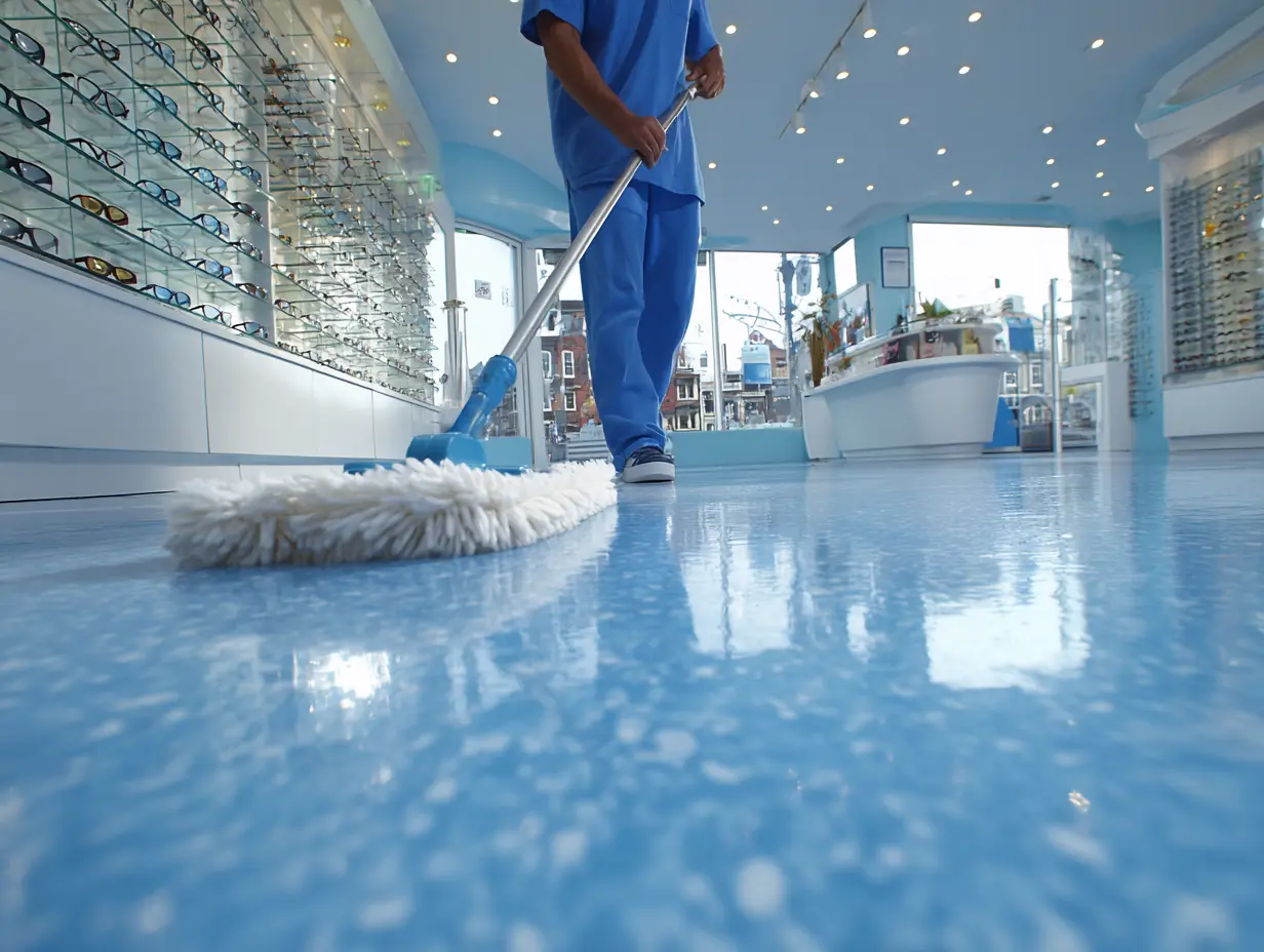 Agent d'entretien nettoyant le sol brillant d'un magasin d'optique - Service Clindit