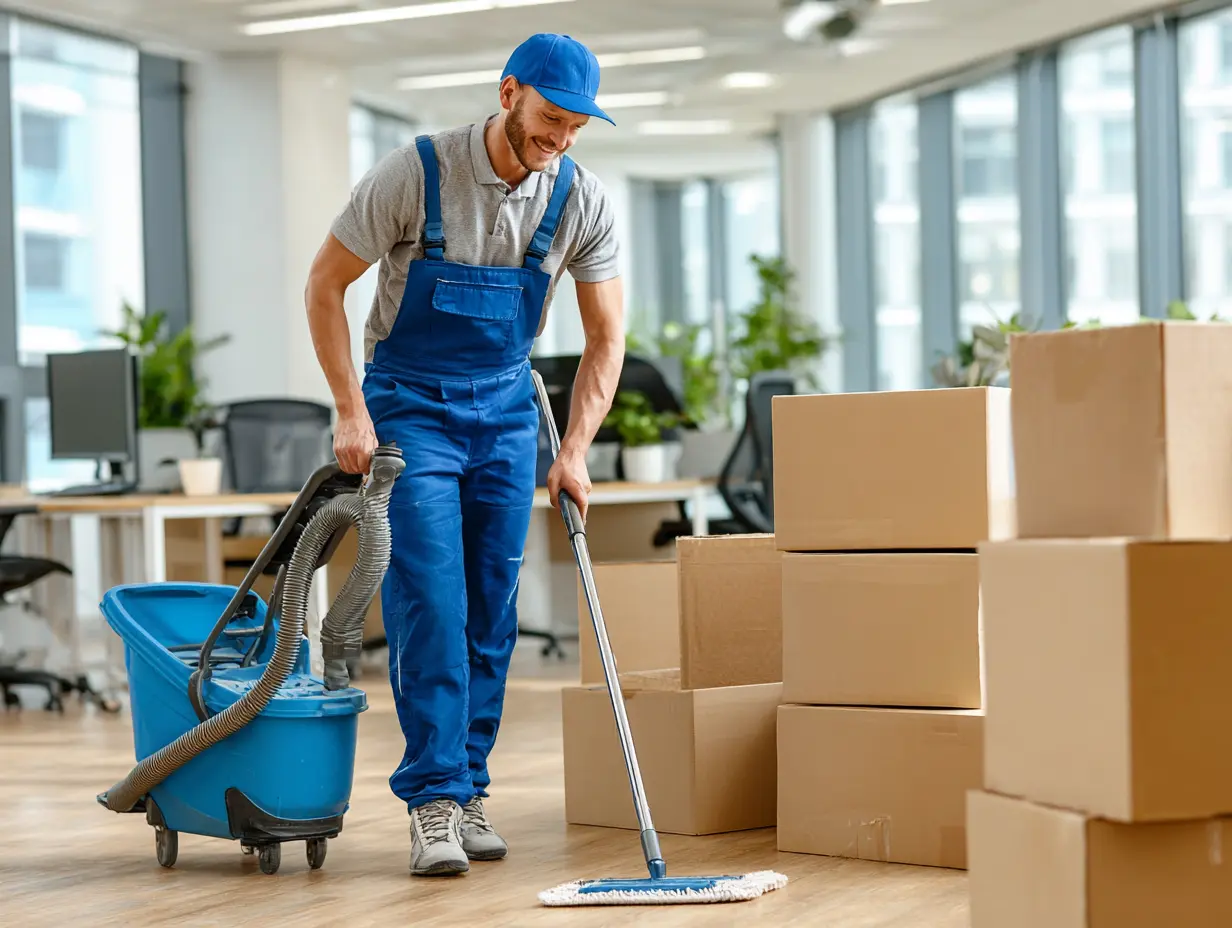 Agent de nettoyage Clindit effectuant la remise en état finale d'un bureau après chantier