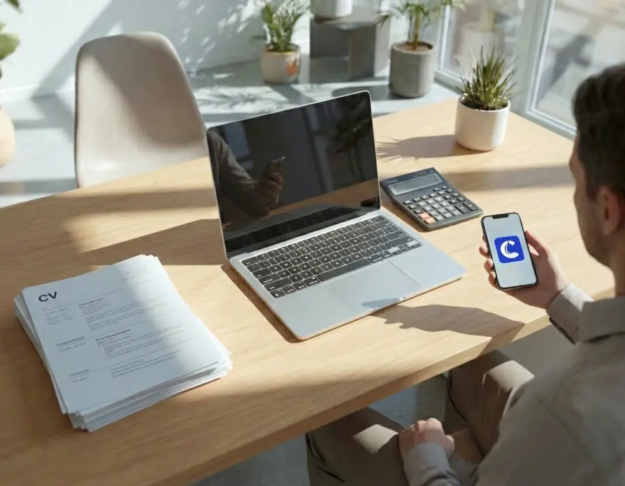 Un dirigeant d'entreprise de nettoyage consultant l'application Clindit sur son smartphone pour suivre les prestations de nettoyage en cours.