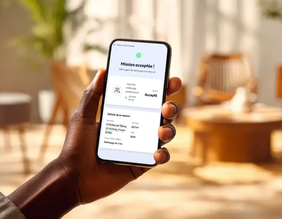Interface de l'application Clindit affichant une mission de nettoyage de vitres acceptée avec détails de l'intervention.