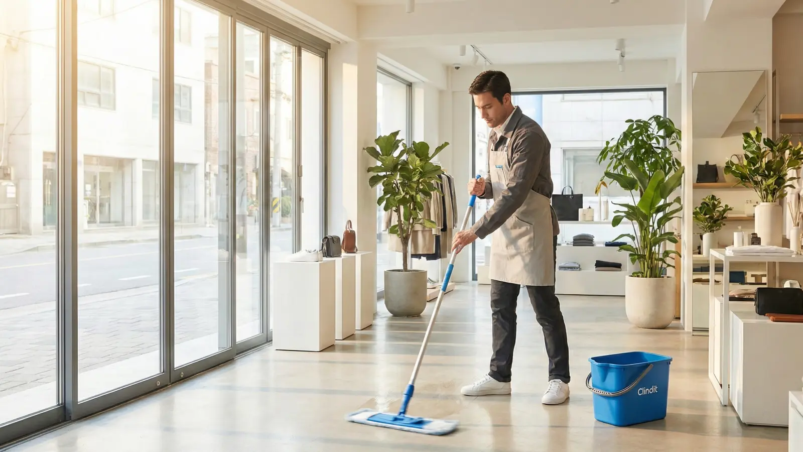 Agent d'entretien passant la serpillère sur le sol d'un magasin de vêtements moderne pour un nettoyage de commerce impeccable.