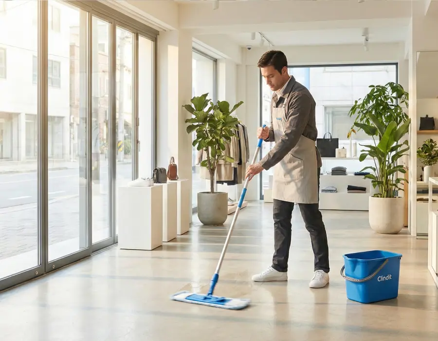Agent d'entretien passant la serpillère sur le sol d'un magasin de vêtements moderne pour un nettoyage de commerce impeccable.
