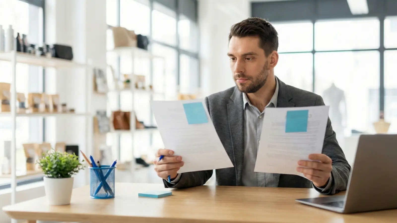 Gestionnaire comparant des devis de prestations de nettoyage pour local commercial dans un bureau.