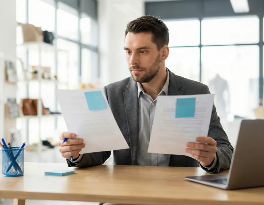 Gestionnaire comparant des devis de prestations de nettoyage pour local commercial dans un bureau.