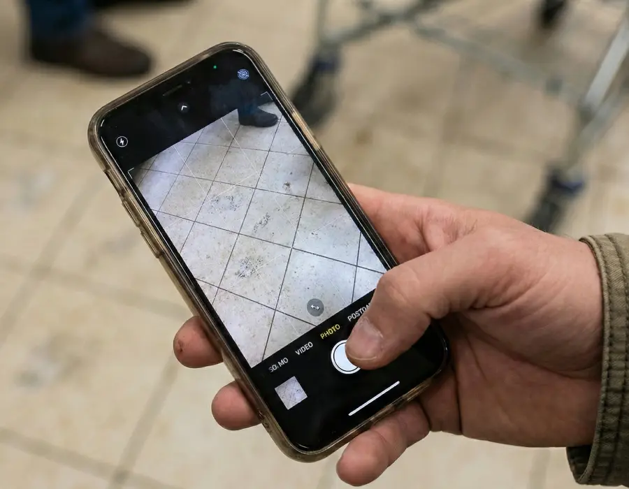 Photo smartphone d'un carrelage de magasin propre pour le suivi de la qualité des services de ménage Clindit.