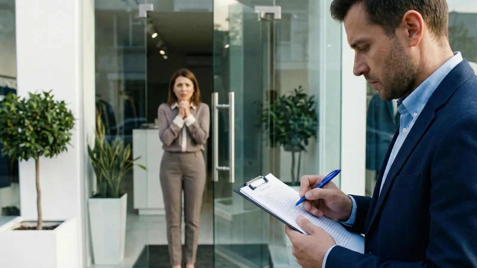 Inspecteur en hygiène remplissant une check-list de contrôle sanitaire devant l'entrée d'un commerce.