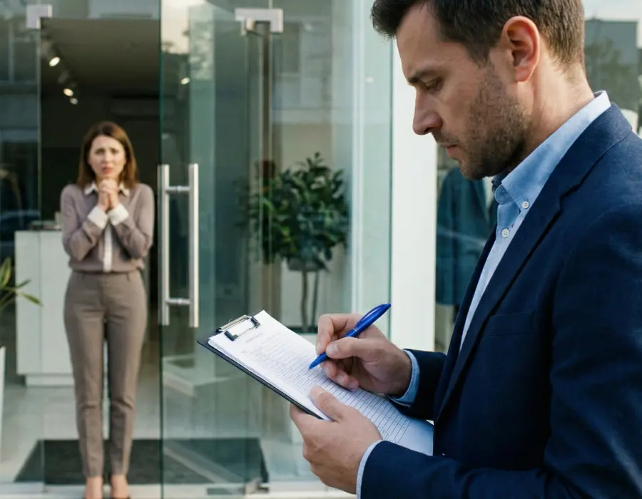 Inspecteur en hygiène remplissant une check-list de contrôle sanitaire devant l'entrée d'un commerce.