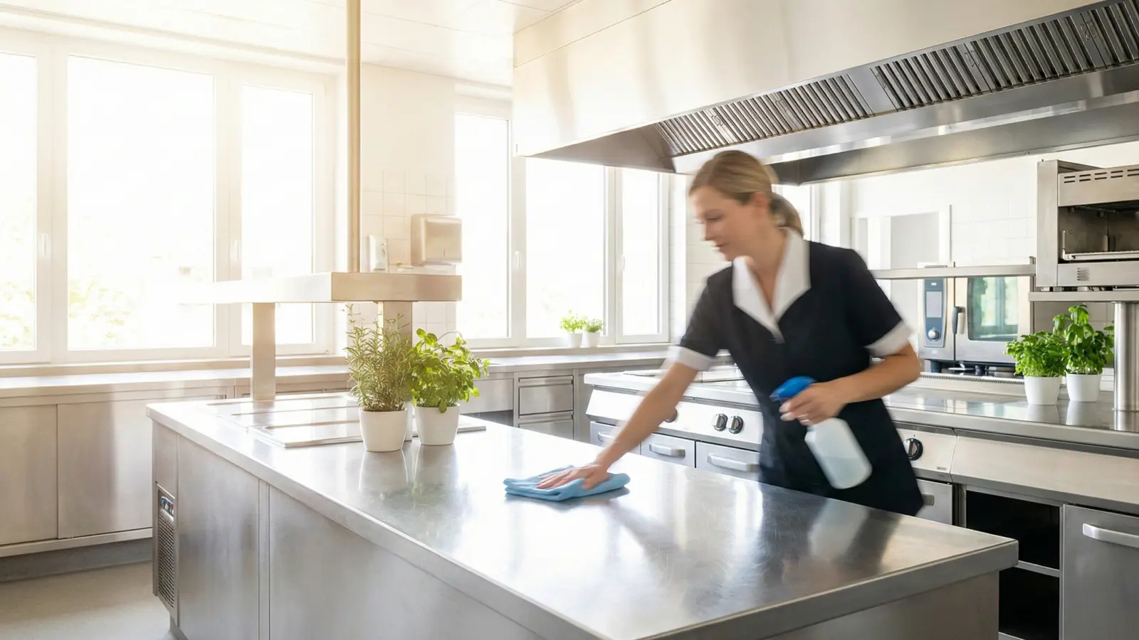 Nettoyage et désinfection d'un plan de travail en inox dans une cuisine de restaurant par une professionnelle Clindit.