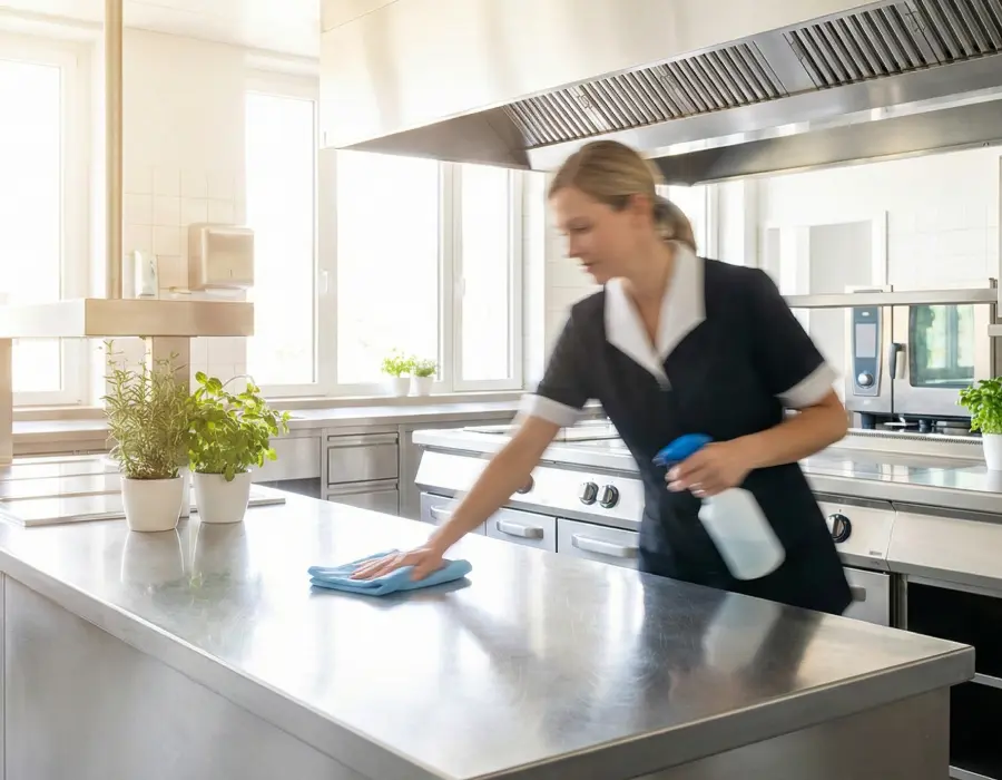 Nettoyage et désinfection d'un plan de travail en inox dans une cuisine de restaurant par une professionnelle Clindit.