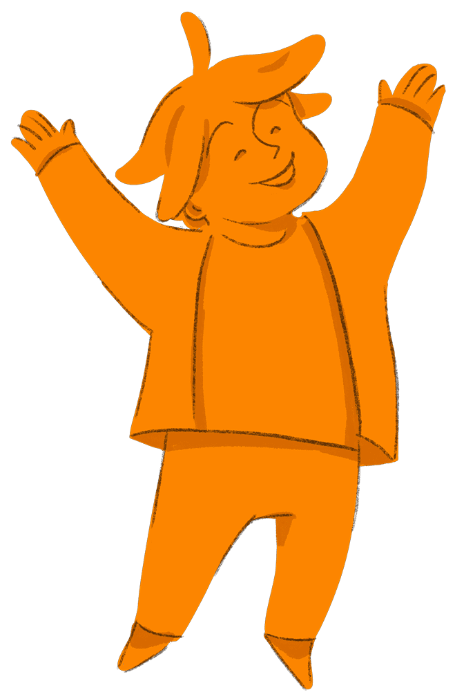 A drawing of a person in an orange outfit.