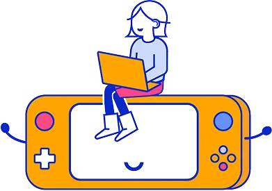 A person sitting on top of a yellow nintendo wii game controller.