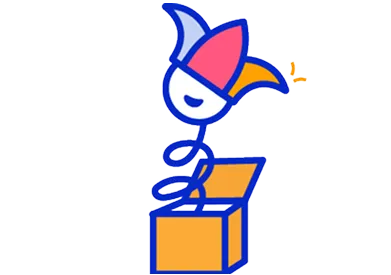 A blue bird with a pink beak and a yellow box.