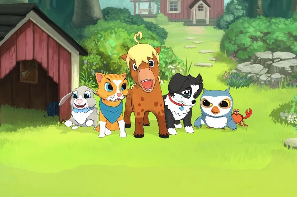 A group of cartoon animals standing in front of a barn.