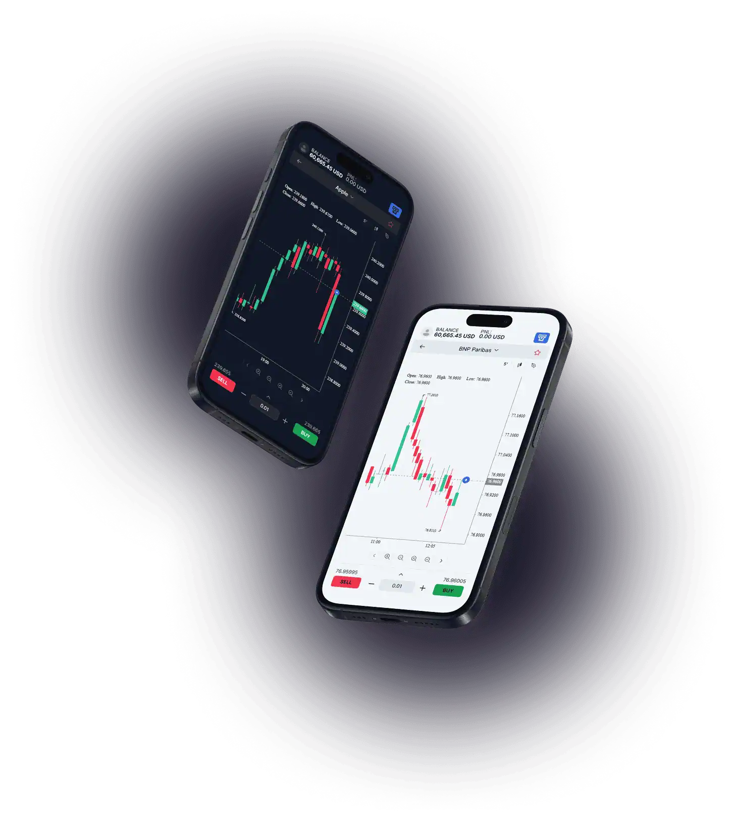 Two phones displaying a trading platform