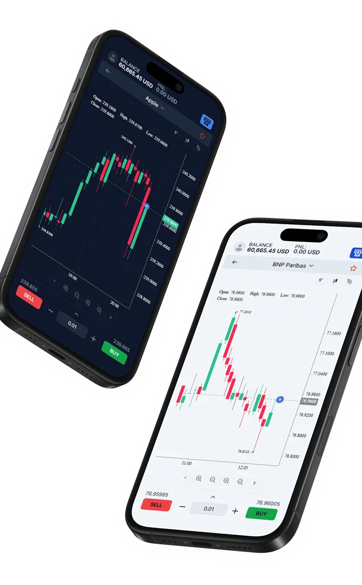 Two phones displaying a trading platform