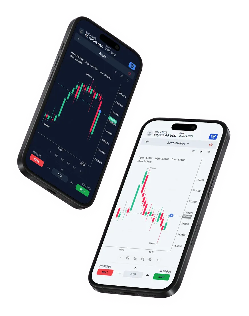 Two phones displaying a trading platform