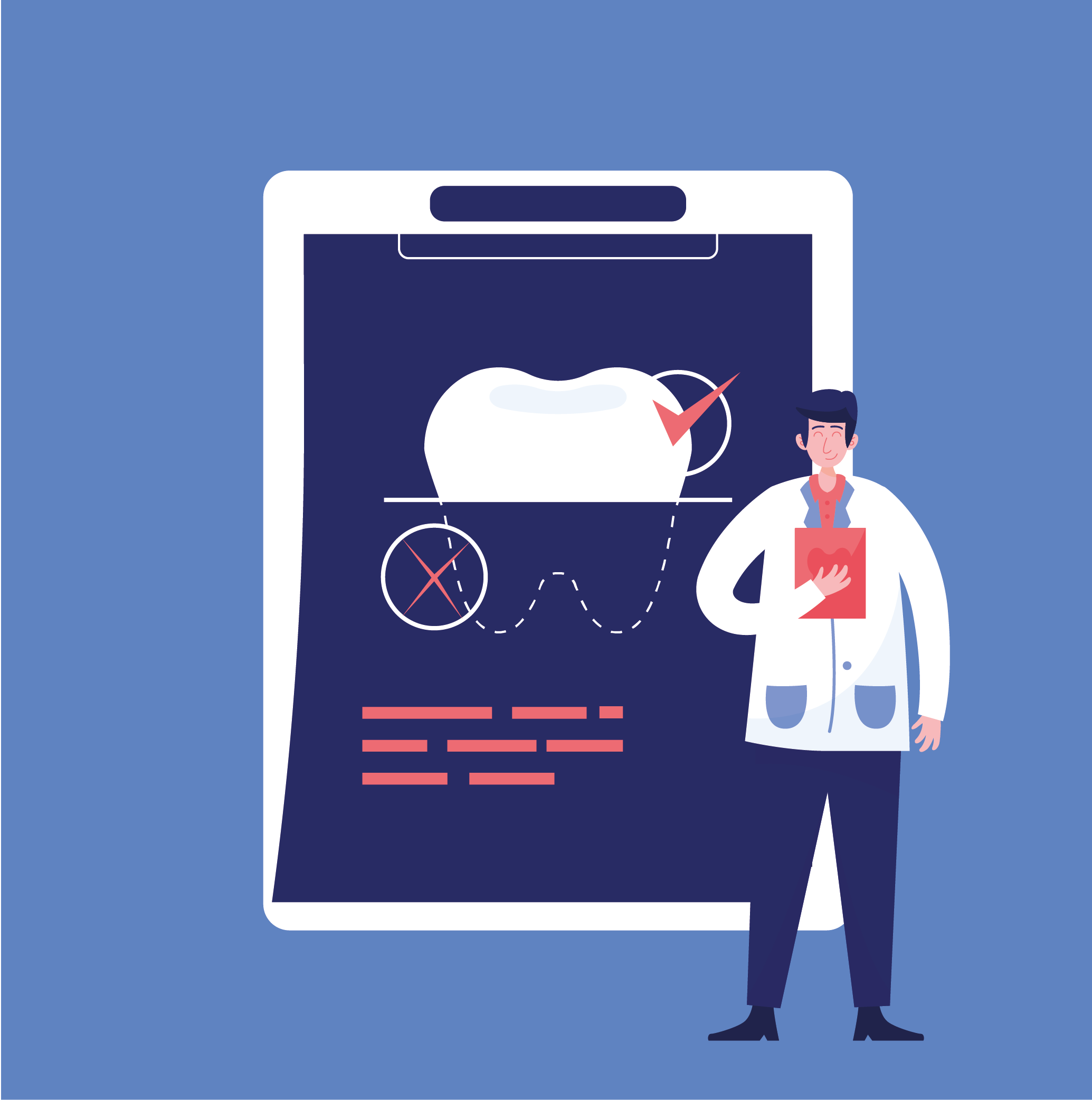 Illustration eines Zahnarztes, der vor einem Klemmbrett mit einer Zahnzeichnung und Prüfzeichen steht.