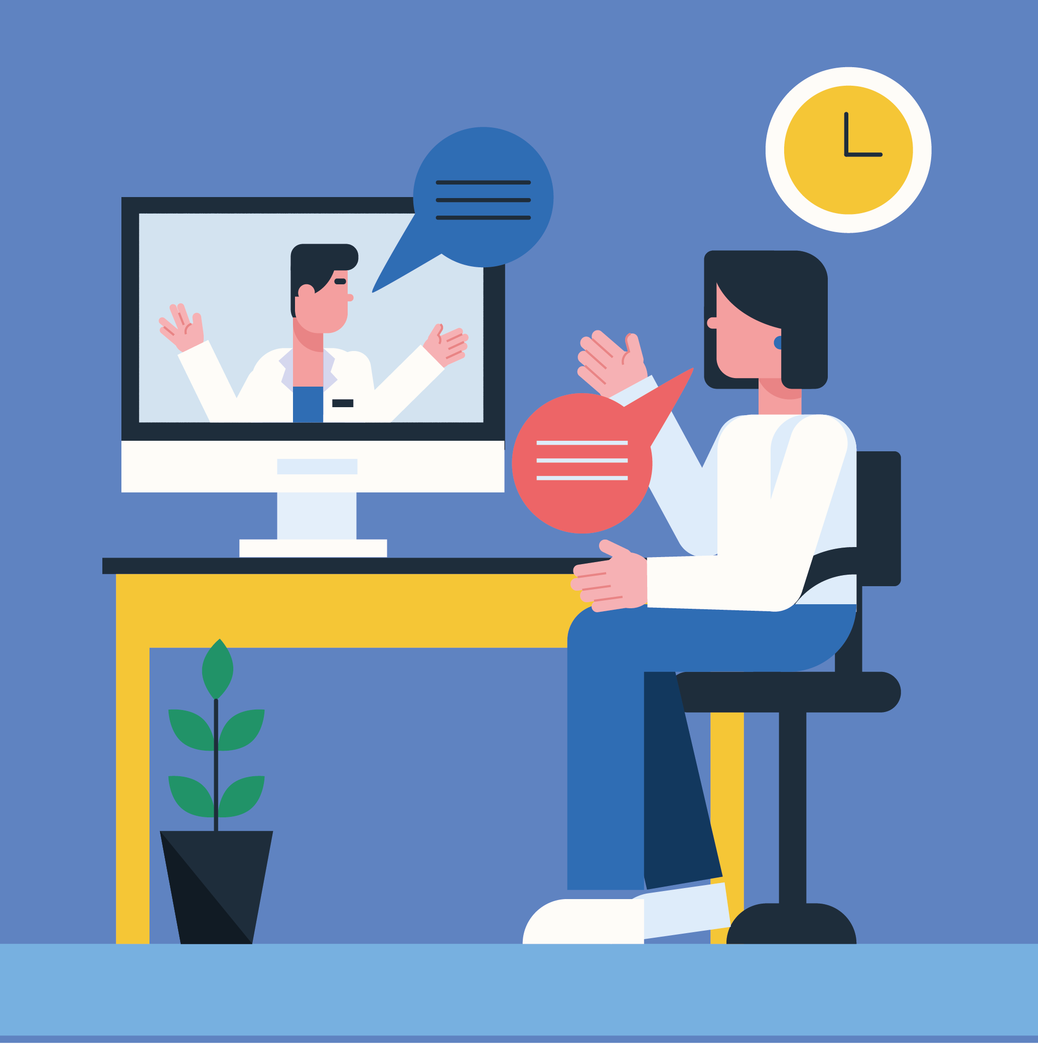 Illustration einer Frau, die auf einem Stuhl sitzt und sich mit einem Zahnarzt auf einem Computerbildschirm per Videoanruf unterhält.