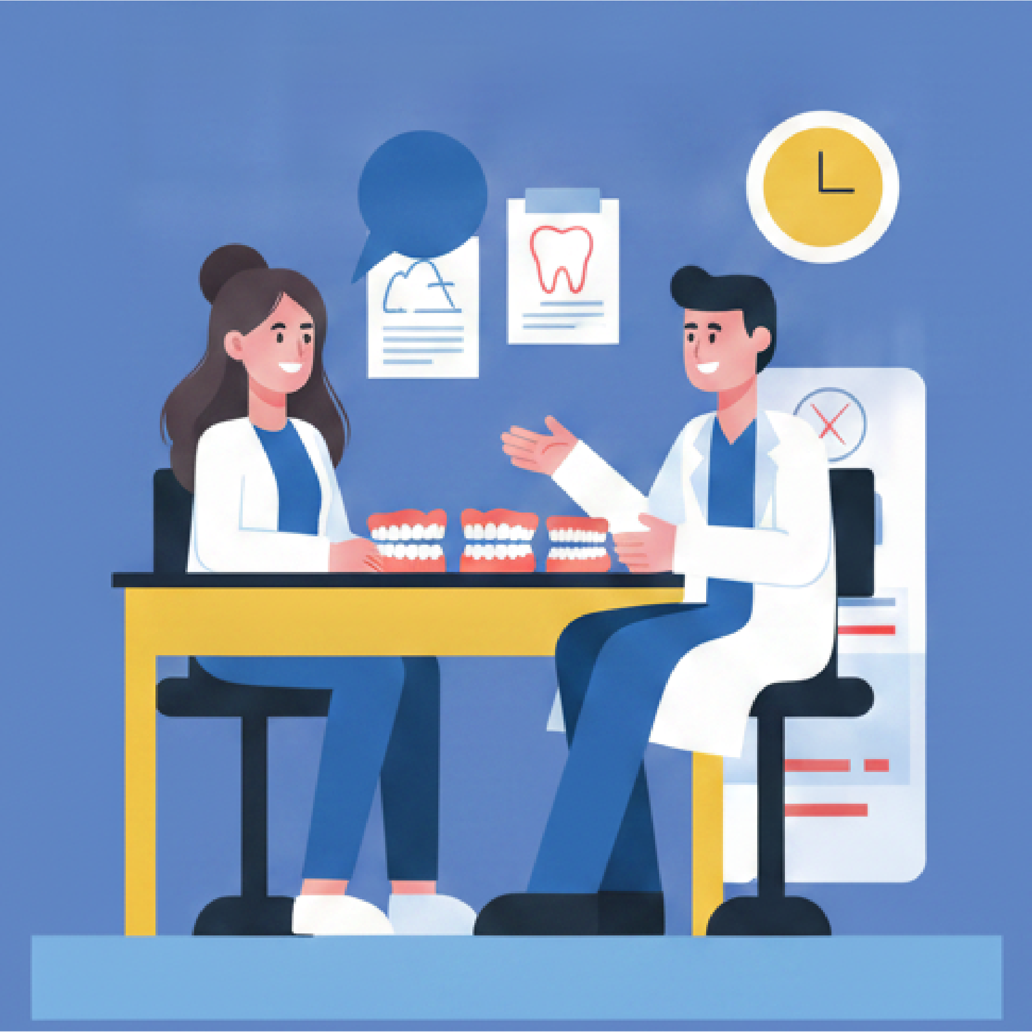 Illustration einer Frau, die auf einem Stuhl sitzt und sich mit einem Zahnarzt auf einem Computerbildschirm per Videoanruf unterhält.