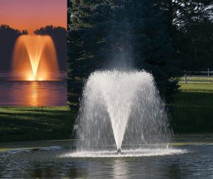 Crown Gusher floating lake fountain from the Select Series 2 operating in a lake supplied by Heathland Fountains and Aerators