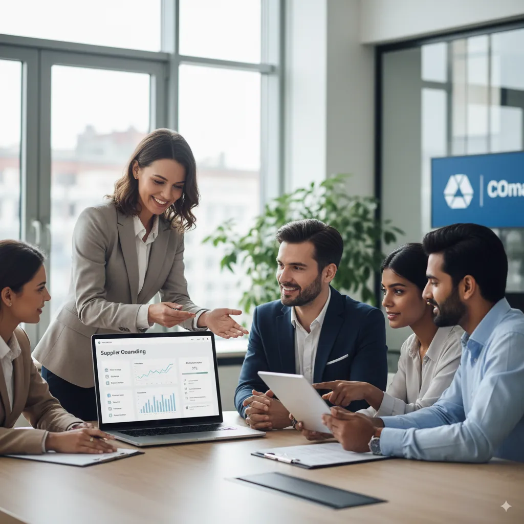 Business team collaborating in a modern office, with a woman presenting a data analysis chart on a laptop to colleagues. The group is engaged in a meeting, discussing supplier onboarding performance, with a professional and diverse team of men and women in business attire.