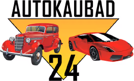 Two red cars with number 24 beneath them and the word AUTOKAUBAD above, set on a yellow triangular background.