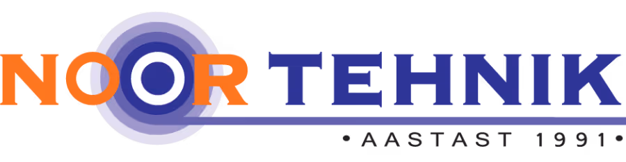 Logo text 'NOOR TEHNIK' with 'NOOR' in orange and 'TEHNIK' in dark blue, featuring a circular target design in blue and white around the second 'O', and a tagline below partially visible.