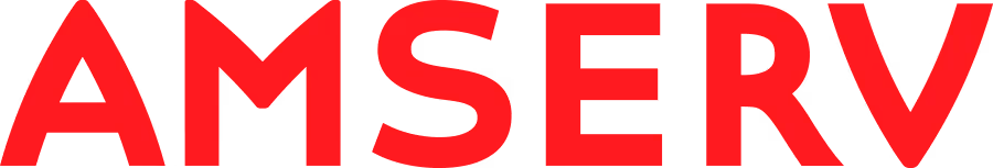 Partial view of the word 'AMSERV' in bold red capital letters on a black background.