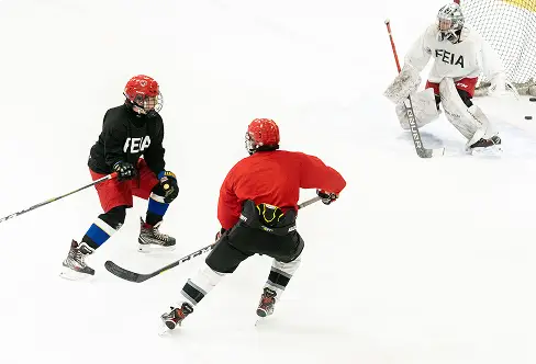 Two hockey players in red and black jerseys approach the goal, while a goalie stands ready.