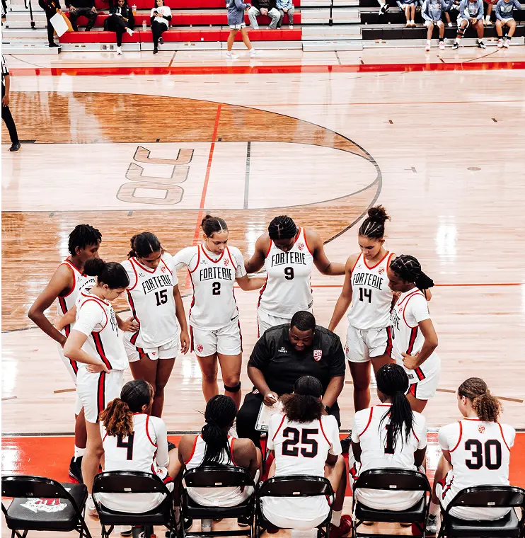 Basketball coach giving instructions to female players gathered around him during a timeout on the court.