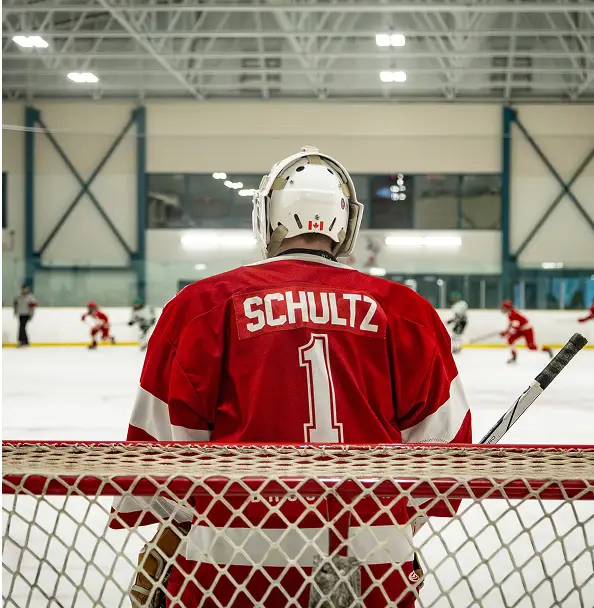 A hockey goalie in a red jersey with "Schultz" stands facing the rink, watching the game.