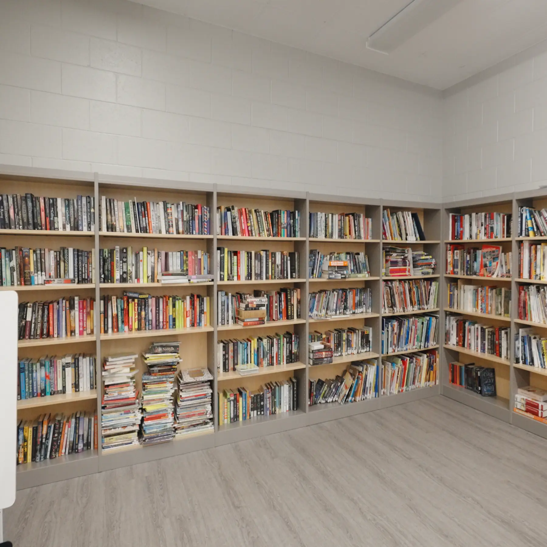 Room with several shelves filled with books against the walls.