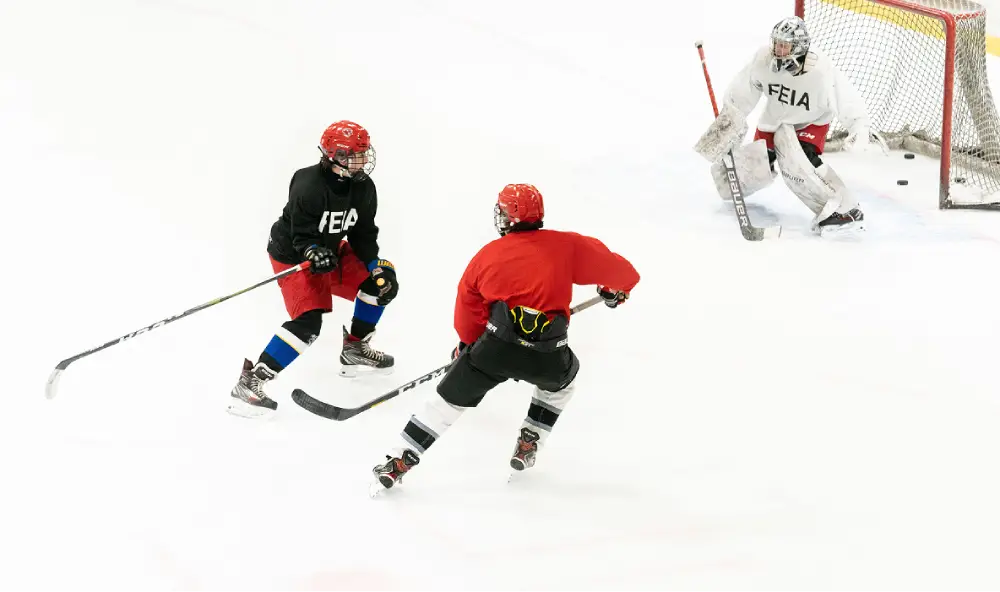 Two hockey players in red and black jerseys approach the goal, with a goalie ready to block.