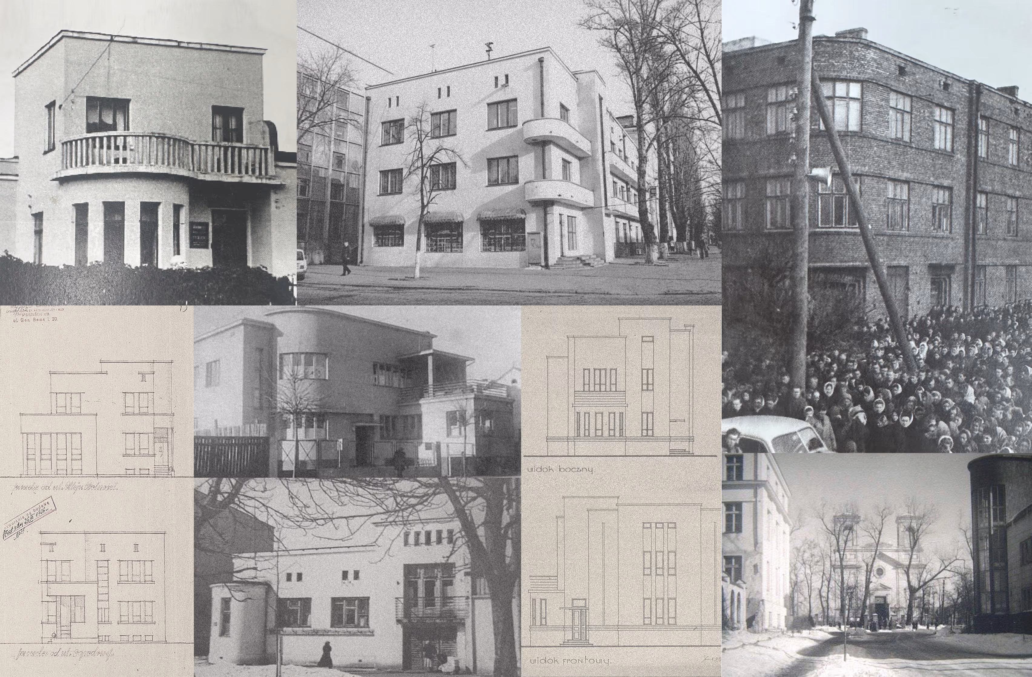 Collage of black and white images showing early 20th-century buildings, architectural drawings, and a historical crowd scene near brick and modernist structures.