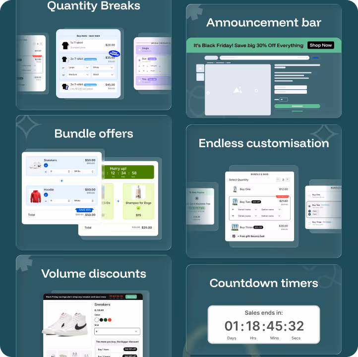 Six panels showing e-commerce features: Quantity breaks with tiered pricing, Announcement bar with Black Friday sale, Bundle offers combining products with discounted total, Endless customization of bundle options, Volume discounts on sneakers, and Countdown timer displaying time left for sales.