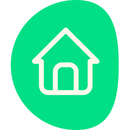 White home icon inside a green irregular shape background.