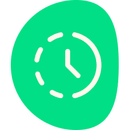 White clock icon with hour and minute hands on green irregular circular background.