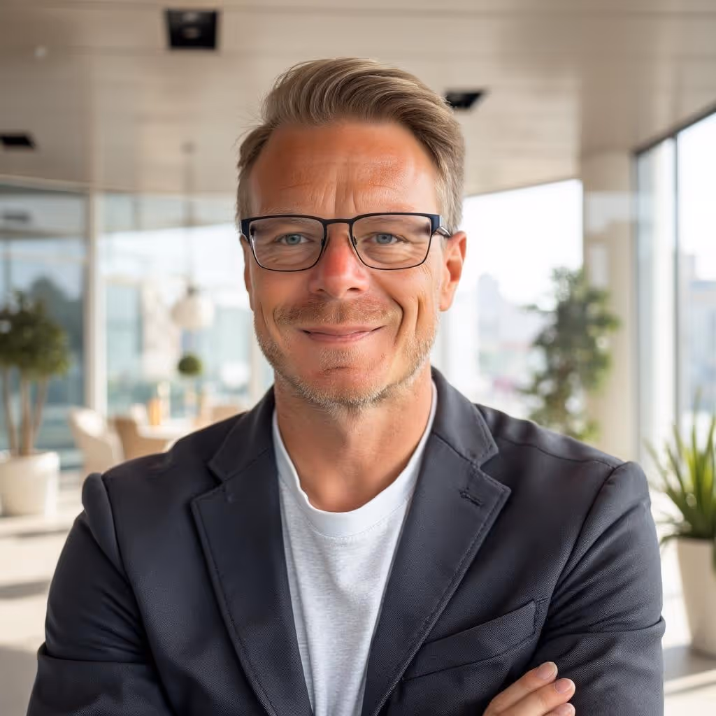 Smiling man with glasses and light brown hair wearing a black blazer and white shirt in a bright modern office.