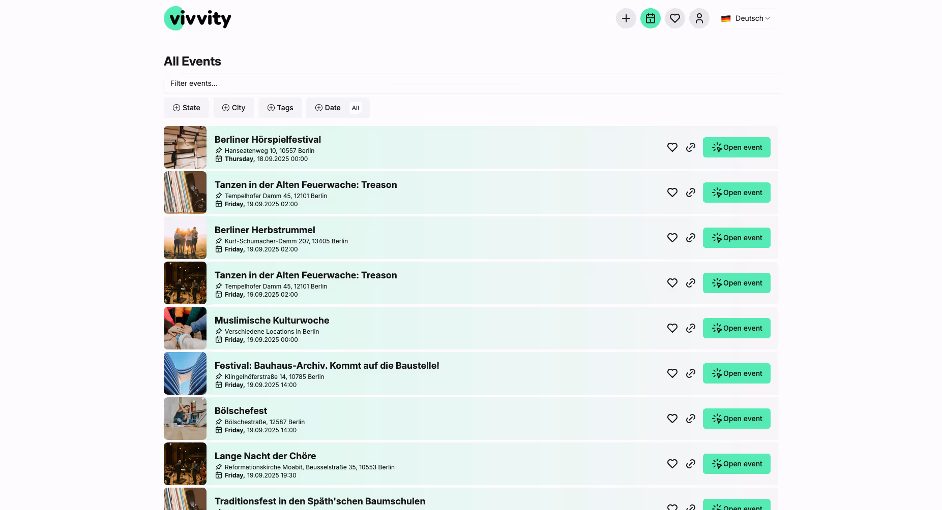 Event list on Vivvity website with filter options for state, city, tags, and date, showing multiple events in Berlin with dates and 'Open event' buttons.