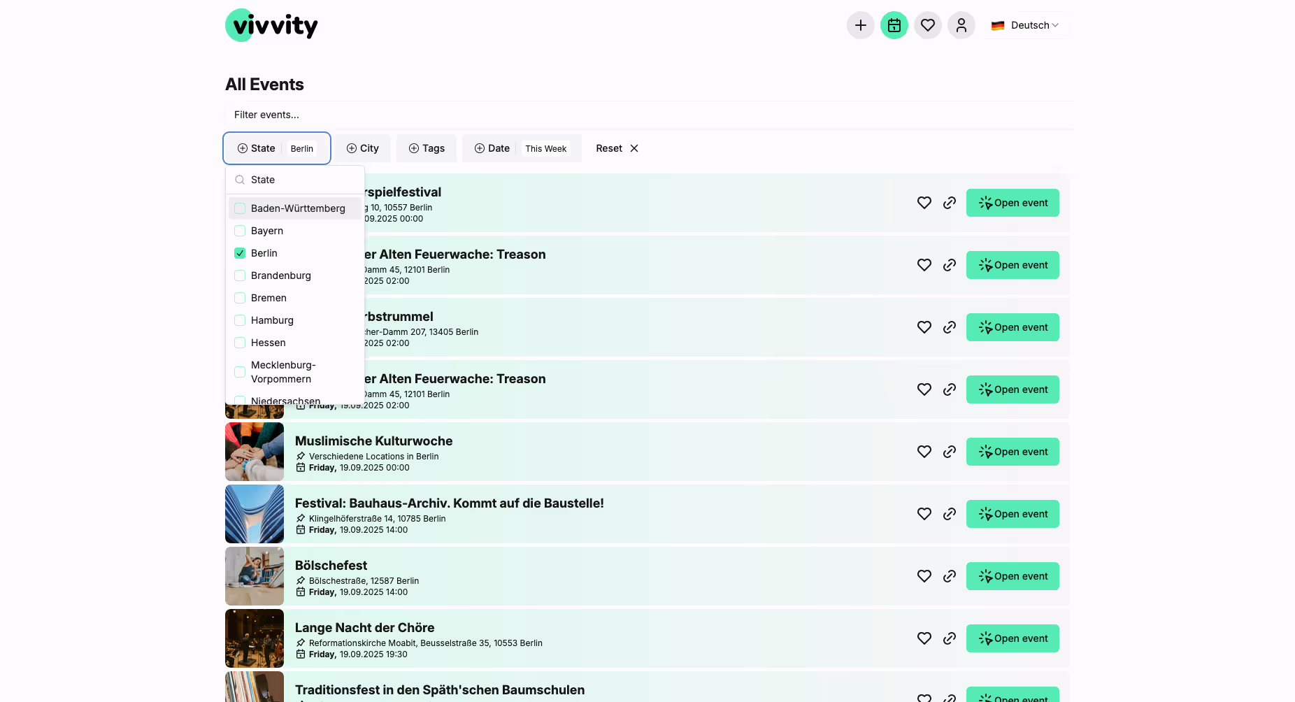 Vivvity event listing webpage showing filters for State, City, Tags, and Date with a dropdown listing German states and multiple events in Berlin with details and open event buttons.