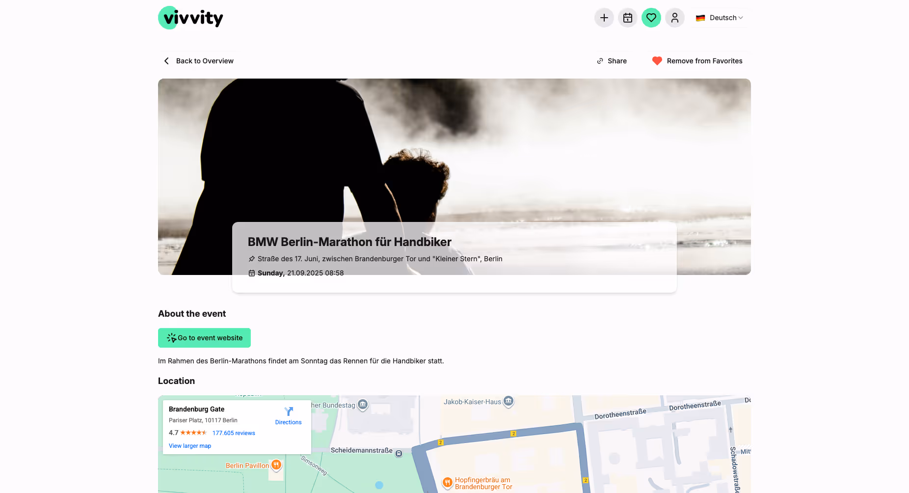 Website page for BMW Berlin-Marathon for Handbikers with event details, date, location near Brandenburg Gate, and a map showing the race route.