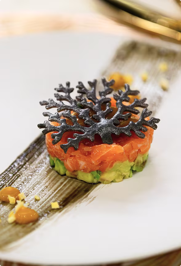 Gourmet dish with diced avocado and salmon topped with a decorative black coral-shaped garnish, served on a white plate with a brushstroke of sauce and small dollops of orange sauce.