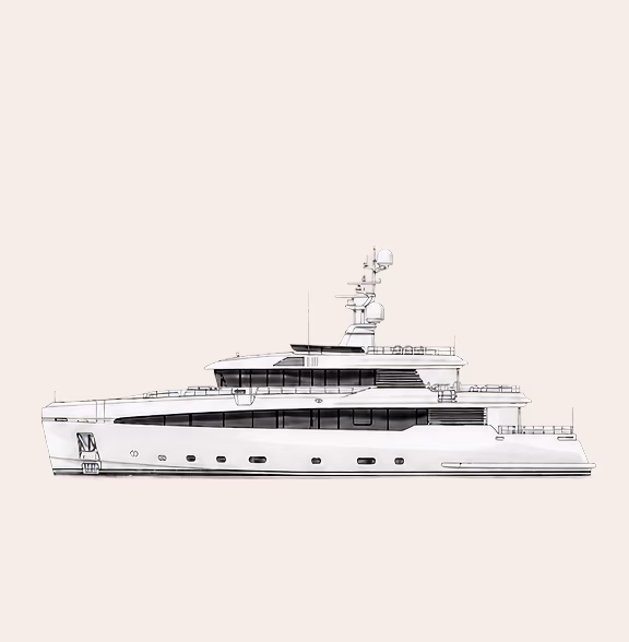 Side view line drawing of a modern luxury yacht with multiple decks and antennas.