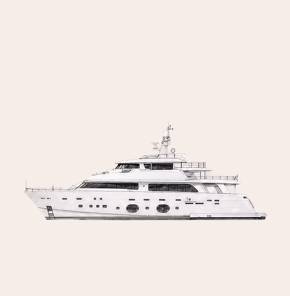Side view illustration of a large white luxury yacht with multiple decks and windows.