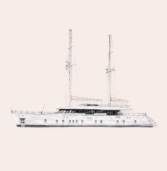 Side view illustration of a sleek white yacht with two tall masts.