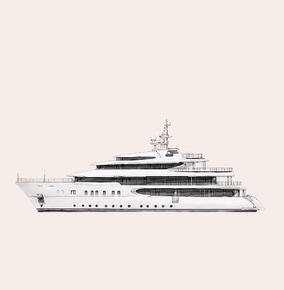 Side view illustration of a luxury multi-deck yacht with antennas and railings.