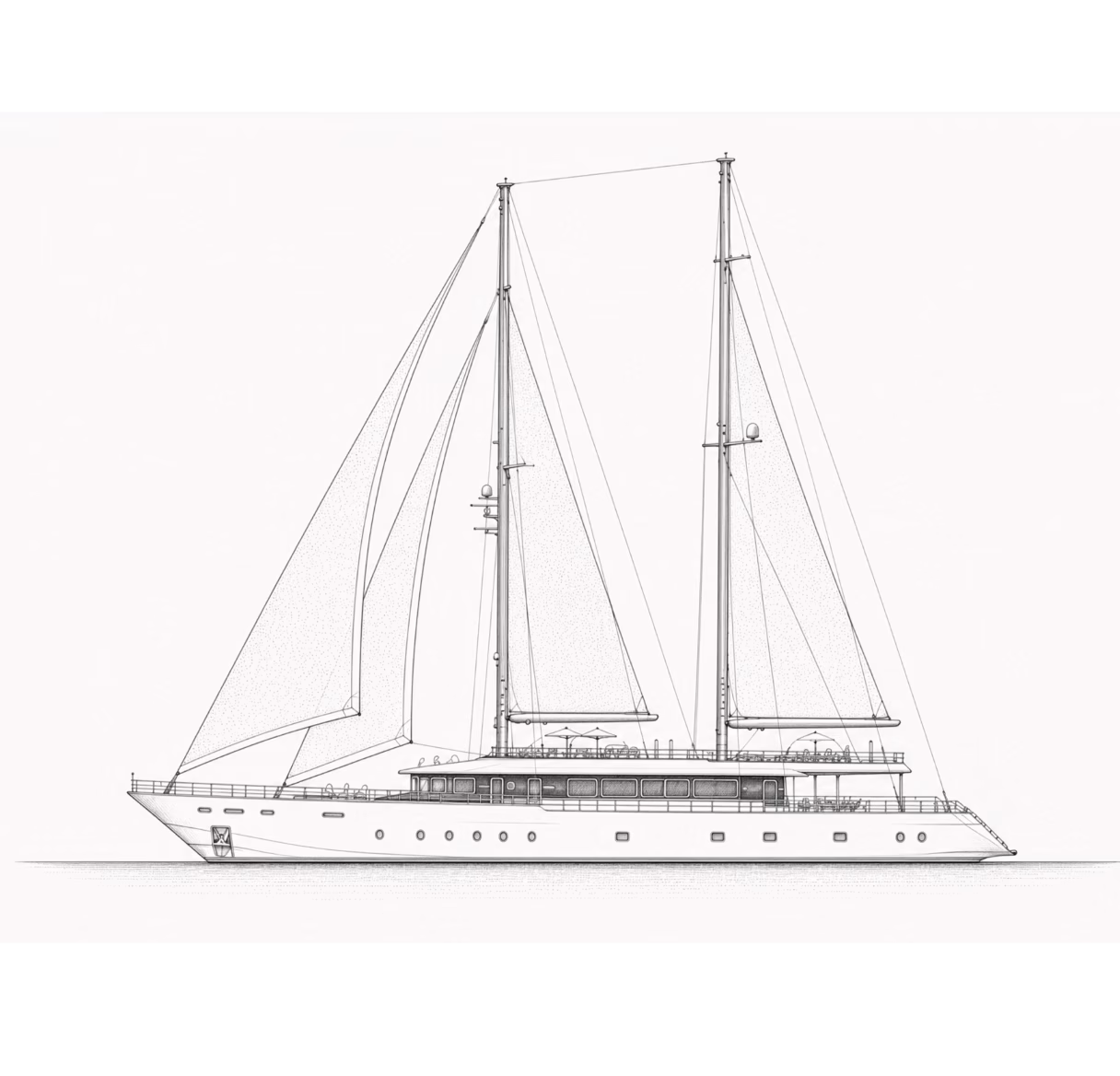 Detailed side technical drawing of a large sailing yacht with two masts and multiple sails.